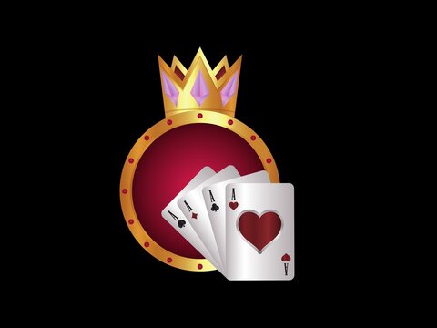 A golden crown sits atop a circular emblem featuring four playing cards with ace symbols