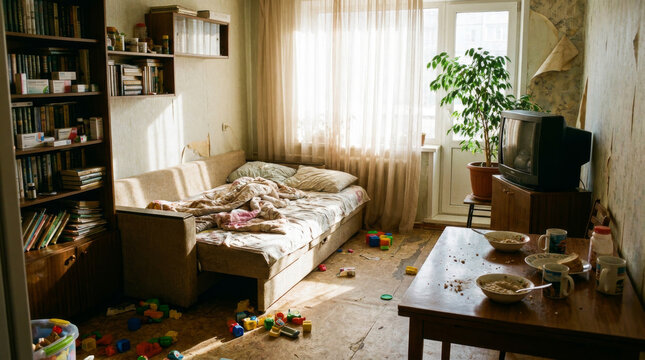  Apartamento real con habitaci&oacute;n peque&ntilde;a y desordenada, cama individual, juguetes infantiles en el suelo, televisi&oacute;n antigua y estanter&iacute;as llenas de objetos personales. El espacio refleja la vida coti