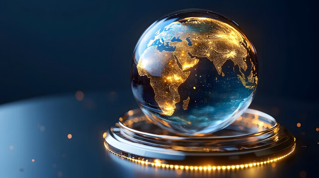 Globe earth transparent sphere technology futuristic digital world glowing map light network innovation concept art scene featuring luminous continents within glass orb resting metallic ring base