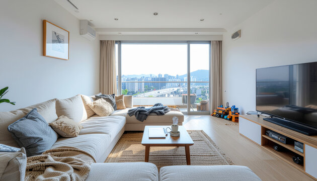  Apartamento real y luminoso con sala de estar moderna, sof&aacute; beige, mesa de centro de madera y gran ventanal con vista urbana. El interior muestra una vivienda aut&eacute;ntica y confortable con dise&ntilde;o minim