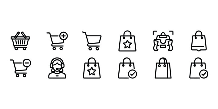 E commerce line icons shopping cart bag customer service and security