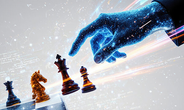 Strategic Momentum Scene An amber hand thrusts a rook forward while a blue hand reaches for the king, dynamic diagonal