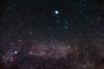 Fototapeta premium Constellations and Milky Way stars on a dark countryside skies.