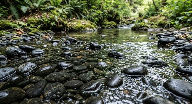 Smooth black stones under shallow clear stream water