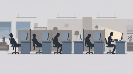 Fototapeta premium Quiet Quitting Disengaged Office Workers Versus Engaged Employee Flat Illustration