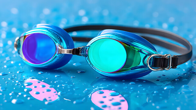 Swimming goggle blue water pool close up minimalistic equipment sport resting on wet surface with droplet reflection, vibrant lens color and sleek design creating calm aquatic mood