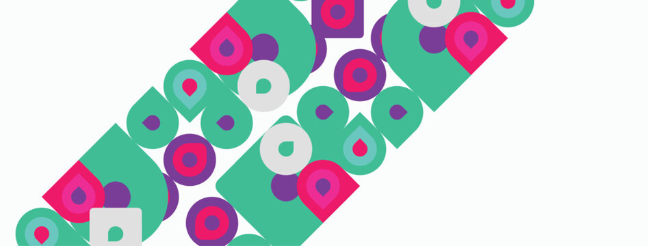 Abstract pattern features repeating shapes. Circles, squares, rectangles combine creating vibrant visual texture. Colors include teal, magenta, gray.