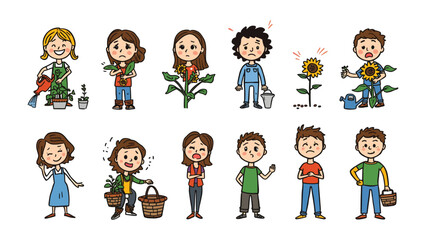Fototapeta premium Cheerful Gardeners: A vibrant collection of animated characters, each embracing the joy of gardening, nurturing life with care, and cultivating happiness in every blossoming flower.