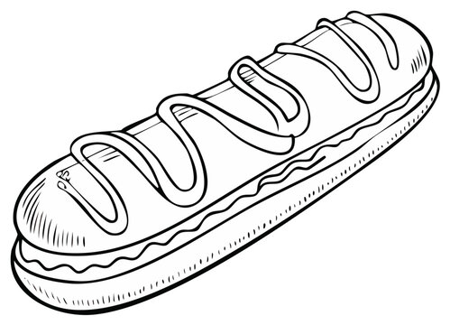 Line drawing of a long pastry with cream filling and icing decoration