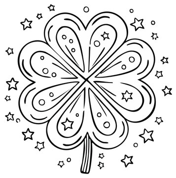Four-leaf clover with stars line art illustration for coloring, St. Patrick's Day holiday decoration, good luck symbol