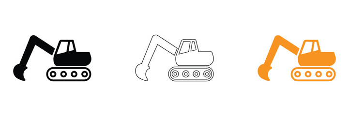 Naklejka premium Excavator Icon Set Black, Outline, and Orange Vector Illustrations of Construction Digger Machinery for Heavy Equipment Design, Industrial Web Graphics, and Building Site Project Symbols