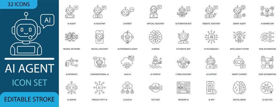 AI agent and chatbot line icon set featuring artificial intelligence, neural networks, automation bots, and smart technology. Editable stroke vector icons for digital UIUX.
