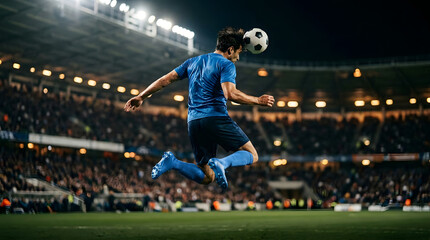 Naklejka premium Male soccer player in blue uniform heading a ball during an intense night game in a brightly lit stadium.