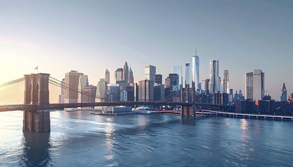 Fototapeta premium Modern city skyline with iconic bridges and skyscrapers reflecting in the water at sunrise, urban landscape panorama, metropolitan architecture, city view