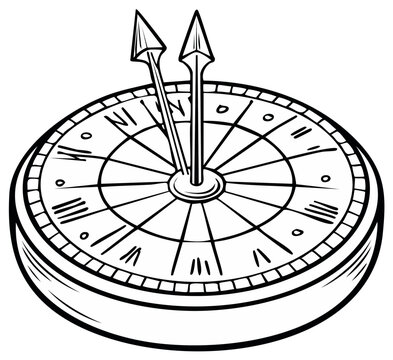 Illustration of a drawn antique clock with Roman numerals and hands at almost midnight