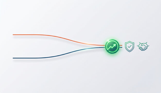 Clean minimalist diagram showing diverging red and blue lines with green approval icon. Clear visual representation of credit spread widening and narrowing between corporate bonds and risk-free treasu