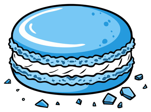 A single light blue macaron with cream filling and crumbs cartoon drawing