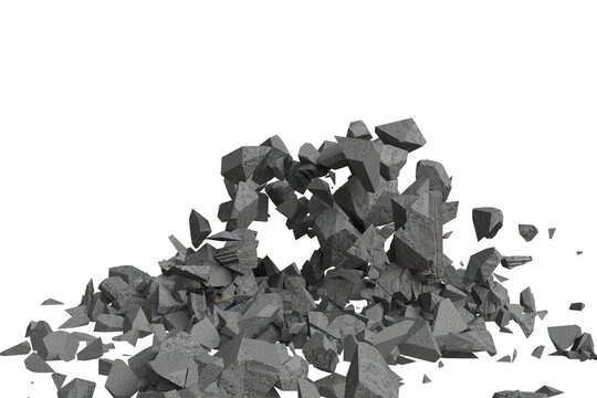 Shattered concrete fragments exploding  a transparent background