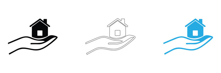 Naklejka premium Real Estate and Home Insurance Icon Set: Black Silhouette, Thin Outline, and Blue Vector Illustrations of a House on a Hand for Property Protection, Mortgage Help, and Residential Care Symbols