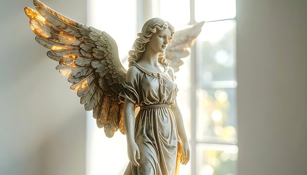 Ornate angel sculpture with detailed wings, bathed in soft sunlight streaming through a window, evoking peace and divinity