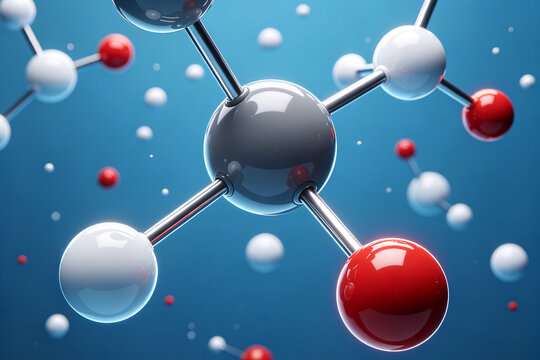 A glossy 3D ball‑and‑stick molecular model features grey carbon, white hydrogen and red oxygen atoms linked by silver chemical bonds against a bright blue background.