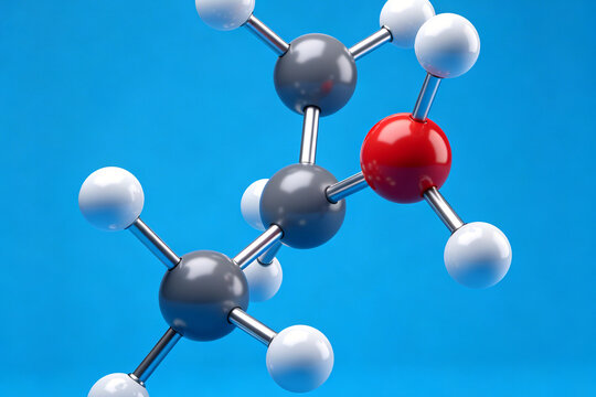 A 3D ball‑and‑stick molecular model of propanol is displayed against a solid bright blue background, showing carbon, hydrogen and oxygen atoms connected by chemical bonds.