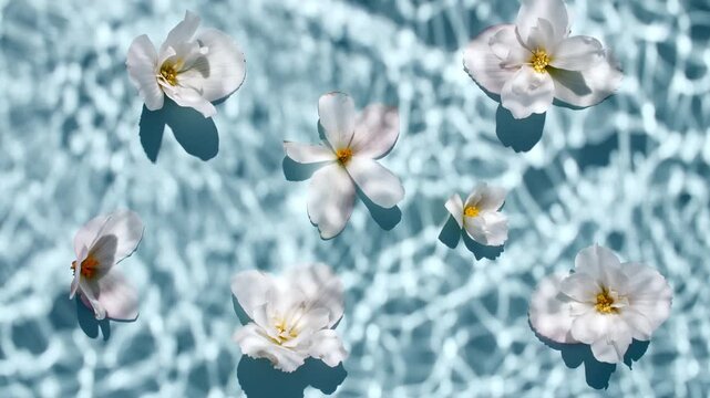 Chamomile and jasmine flowers and reflections sunlight in slow motion. Drop shadow effect with wave refraction of light. Sun and shadows. Layout for advertising goods, cosmetic products. 4k