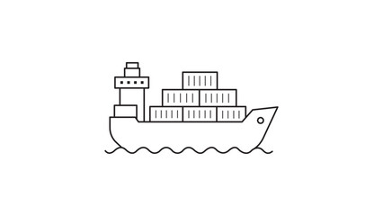 Detailed vector icon illustration of a massive cargo ship on the ocean with an editable stroke, allowing for adjustable line weight in maritime transport, global trade, and shipping logistics. © Mali