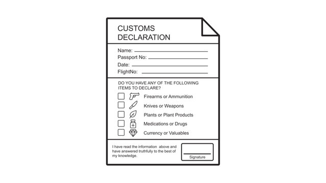 Customs declaration form vector icon with editable stroke for international travel and immigration. This line art illustration features fields for passport number, flight details, and prohibited