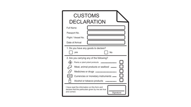 Customs declaration form vector icon illustration for international travel and airport security, featuring editable stroke line art with fields for passport number, flight details, and goods to