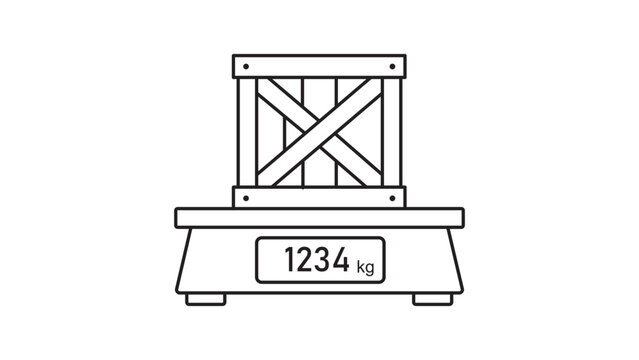 Minimalist vector icon illustration of a wooden shipping crate on a digital industrial weight scale showing 1234 kg, perfect for logistics and freight concepts with an editable stroke line art.
