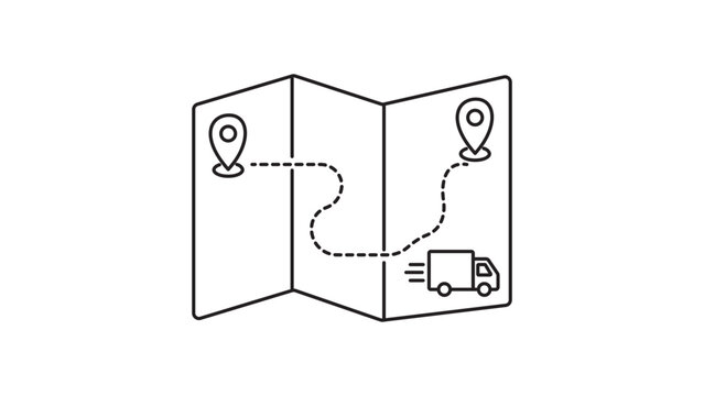 Delivery map route vector icon illustration featuring a folded paper map with dashed path, location pins, and a moving truck. Perfect for logistics and shipping concepts with editable stroke.