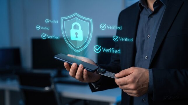 Secure Mobile Payment and FinTech Transaction Concept: Businessman Using Smartphone Card Reader with Holographic Security Shield and Padlock