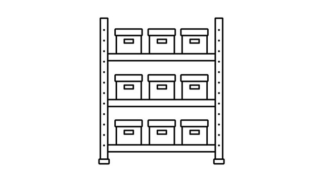 Professional vector icon illustration of a warehouse stock shelf unit for inventory management and storage organization, designed with an editable stroke for customizable line thickness.