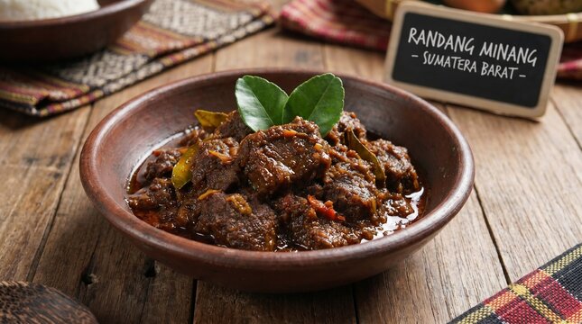 Indonesian Traditional Food Beef Rendang Minang Served in a Clay Bowl on Wooden Table