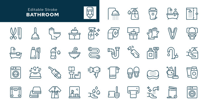 Bathroom outline icons set. Bath, room, sink, washbasin, toilet, shower, soap, mirror, towel, robe, slippers and more. Line icon in linear style. Vector collection	