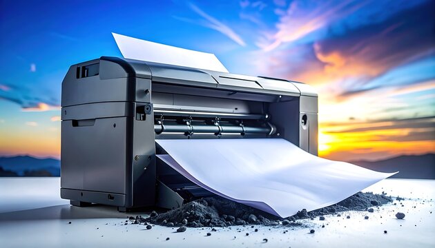 Office printer with paper emerging from output tray against a dramatic sunset sky, symbolizing document creation and workflow