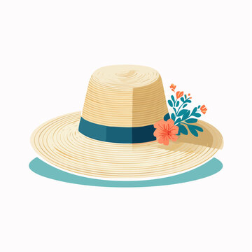 Straw Hat with Blue Ribbon and Flowers