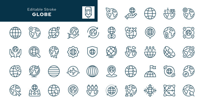 Globe outline icons set. Planet Earth, green planet, ecology, global warming, Earth protection and more. Line icon in linear style. Vector collection	
