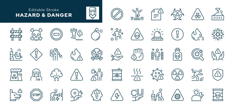 Hazard and danger outline icons set. Warning, risk, traumatic, life-threatening, toxic, radioactive, radiation, attention. Line icon in linear style. Vector collection	
