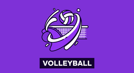 Obraz premium Dynamic Volleyball Action: Abstract Illustration of Ball, Net, and Fluid Motion Above Purple