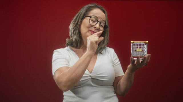 Hispanic senior woman holding a tiny shopping cart in her right hand while making a pinching gesture and smiling in studio; playful savings.