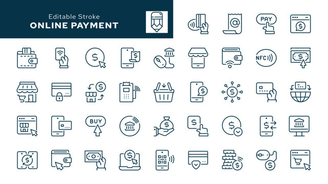 Online payment outline icons set. Pay, bank credit card, cash, payment method, money transfer, buy, wallet, electronic check and more. Line icon in linear style. Vector collection	