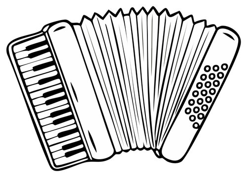 Classic Accordion Musical Instrument Black and White Line Drawing with Piano Keys and Bellows