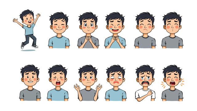 Character Emotion Illustration: A collection of expressions showcasing a diverse range of feelings from elation to despondency. Each illustration presents a unique portrait of human emotion.