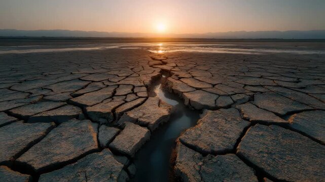 Sunset over cracked dry lake bed, arid land with dramatic sky, distant mountain horizon, narrow water channel, parched ground, dry earth landscape, desert floor and mountain silhouette