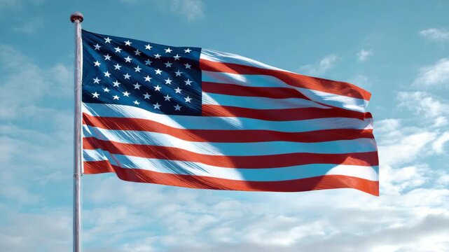 Red, white, and blue flag flapping in the wind against a clear sky.