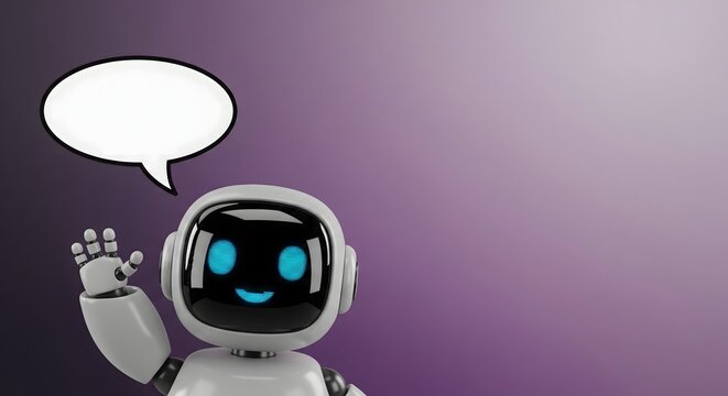 Friendly white robot waving hello with a blank speech bubble on a purple background
