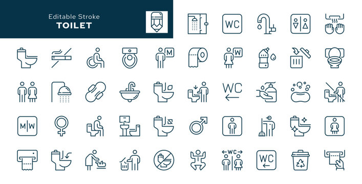 Toilet outline icons set. Public toilet, rules of use, women's, men's and disabled toilet, mother and child room, restroom and more. Line icon in linear style. Vector collection	

