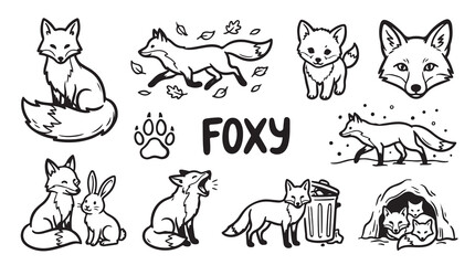 Fototapeta premium Black and white fox vector illustration set with various foxy poses and activities.